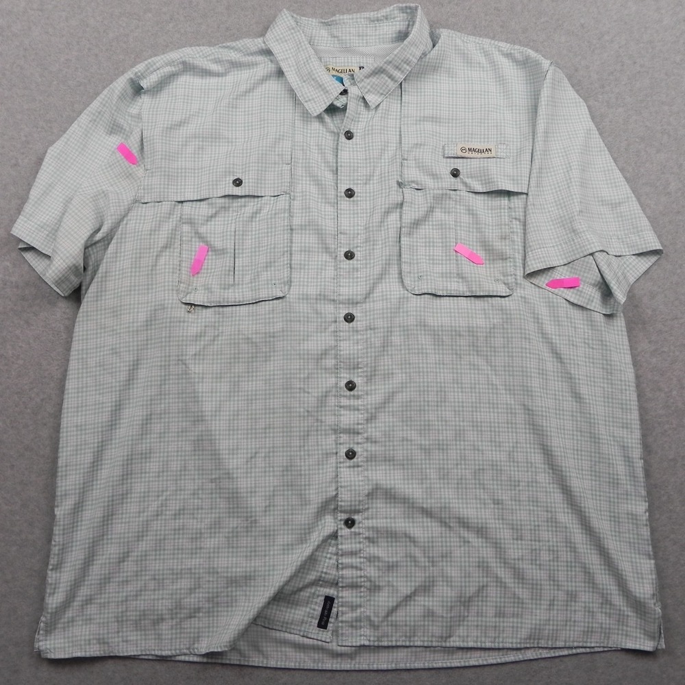 Magellan Shirt Mens 3XL Fish Gear Relaxed Fit Button Up Green Plaid Short Sleeve